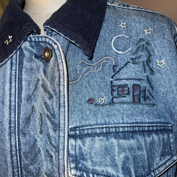 Christopher & Banks Denim and Corduroy  rustic holiday embroidered coat sz Med - Picture 9 of 9